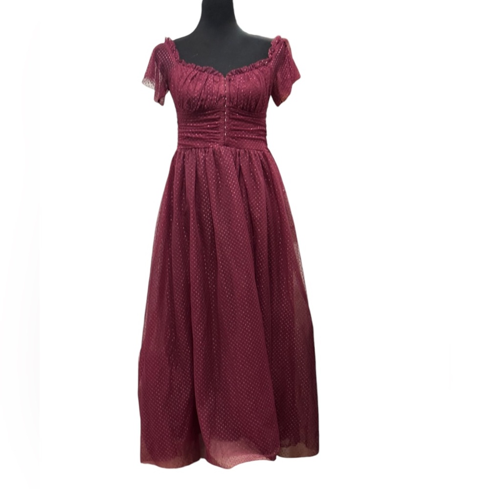 Lulus Sweet Amour Burgundy Tulle Swiss Dot Tiered Bustier  Midi Dress Size Large - Picture 5 of 13
